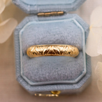 Gold leaf wedding band vintage wedding band nature inspired 4mm solid 14k yellow gold band, size 6