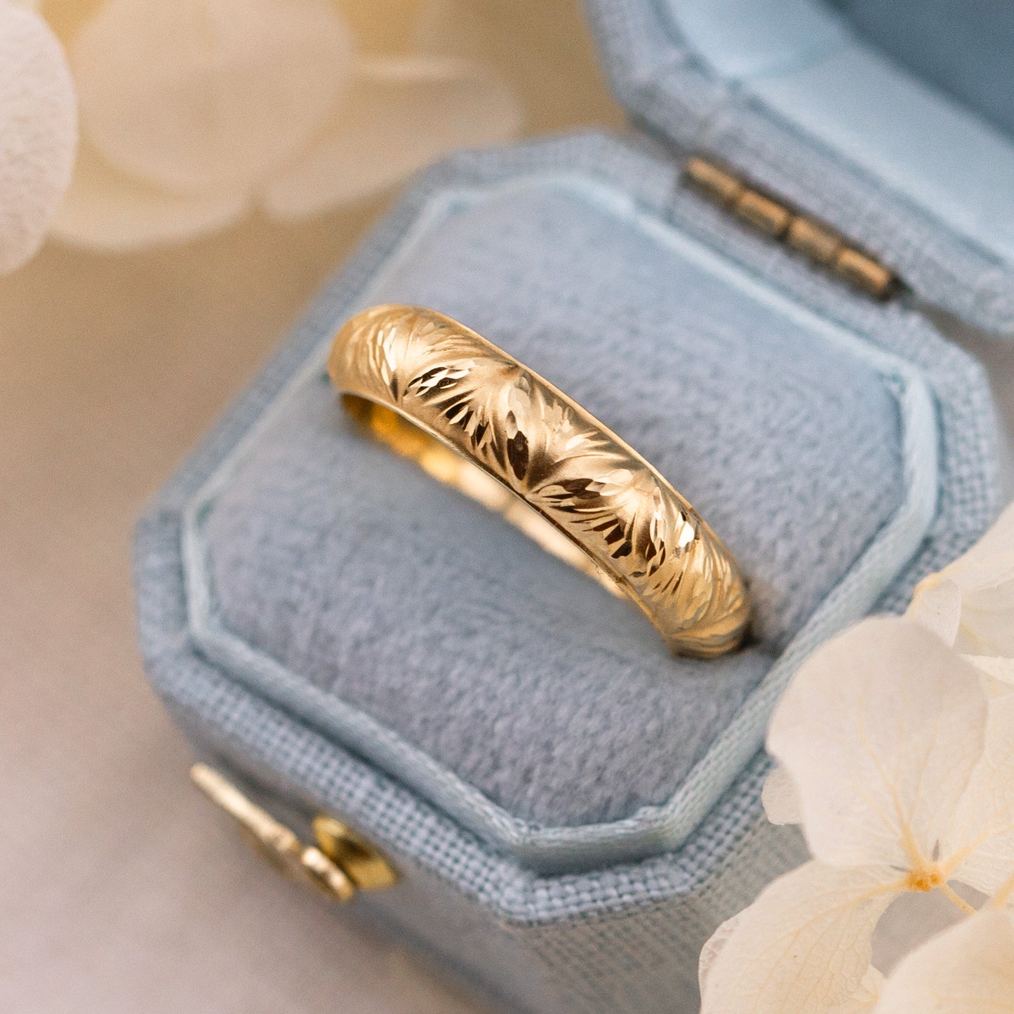 Gold leaf wedding band vintage wedding band nature inspired 4mm solid 14k yellow gold band, size 6