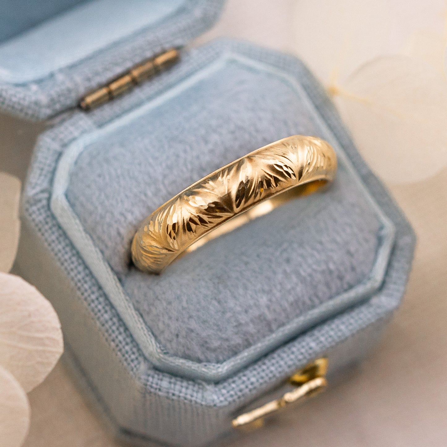 Gold leaf wedding band vintage wedding band nature inspired 4mm solid 14k yellow gold band, size 6