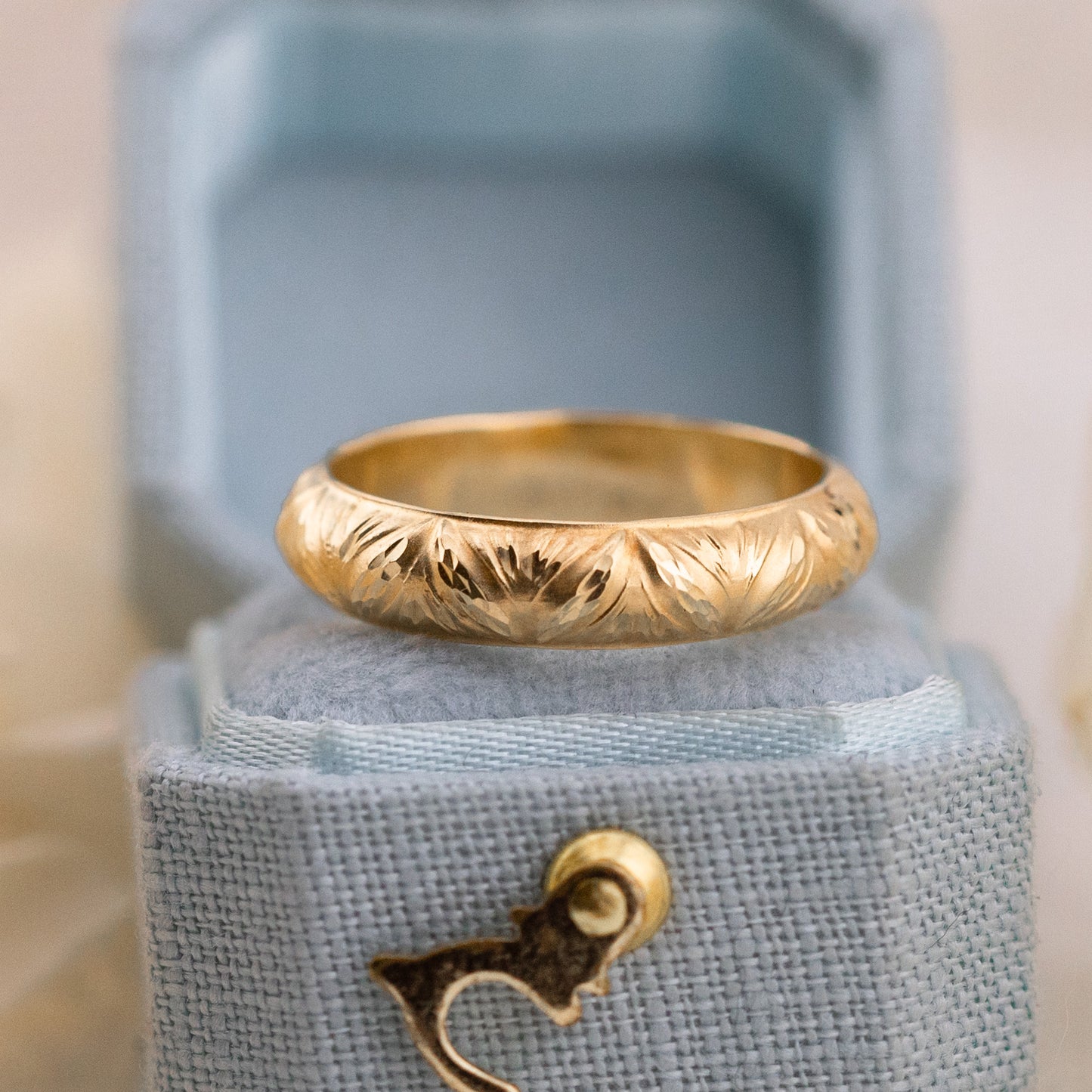 Gold leaf wedding band vintage wedding band nature inspired 4mm solid 14k yellow gold band, size 6