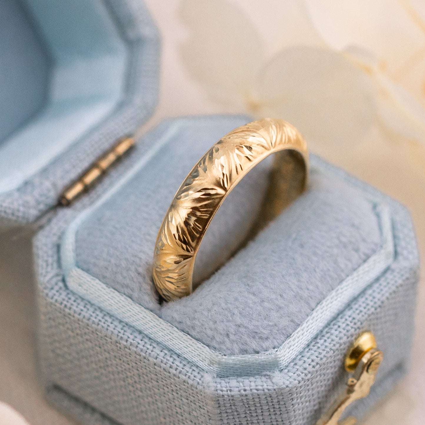 Gold leaf wedding band vintage wedding band nature inspired 4mm solid 14k yellow gold band, size 6