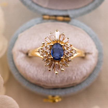 Natural Sapphire and Diamond Ballerina Halo Ring