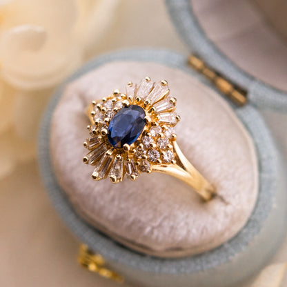 Natural Sapphire and Diamond Ballerina Halo Ring