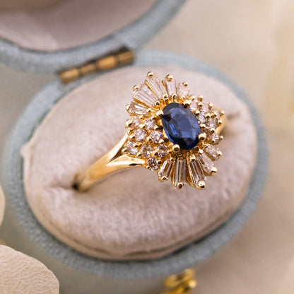 Natural Sapphire and Diamond Ballerina Halo Ring