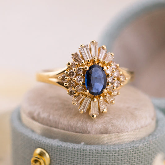 Natural Sapphire and Diamond Ballerina Halo Ring