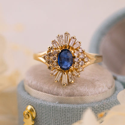 Natural Sapphire and Diamond Ballerina Halo Ring