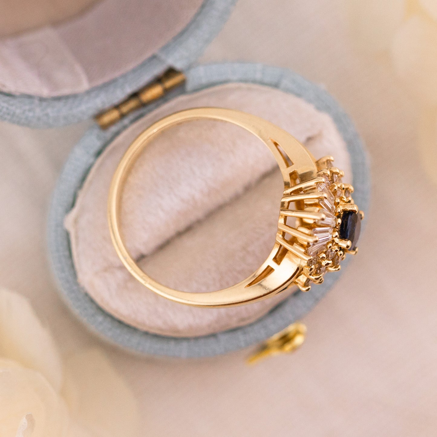 Natural Sapphire and Diamond Ballerina Halo Ring