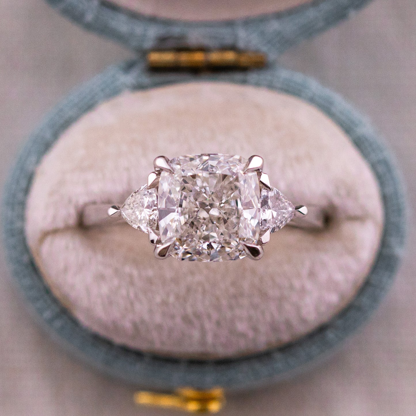 3.32ct Cushion Cut Lab Diamond Three Stone Ring with Trillion Side Stones