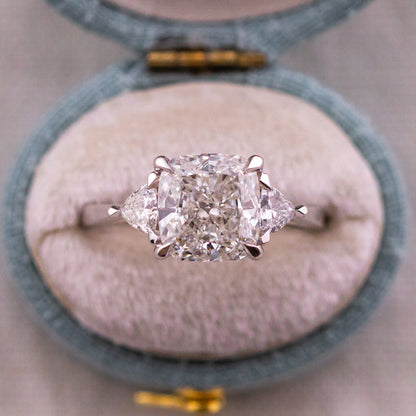 3.32ct Cushion Cut Lab Diamond Three Stone Ring with Trillion Side Stones