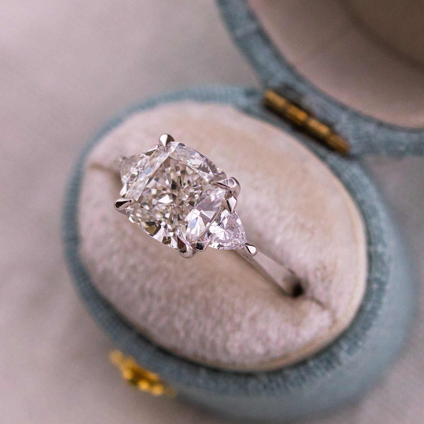 3.32ct Cushion Cut Lab Diamond Three Stone Ring with Trillion Side Stones