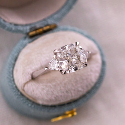 3.32ct Cushion Cut Lab Diamond Three Stone Ring with Trillion Side Stones