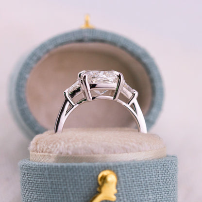 3.32ct Cushion Cut Lab Diamond Three Stone Ring with Trillion Side Stones