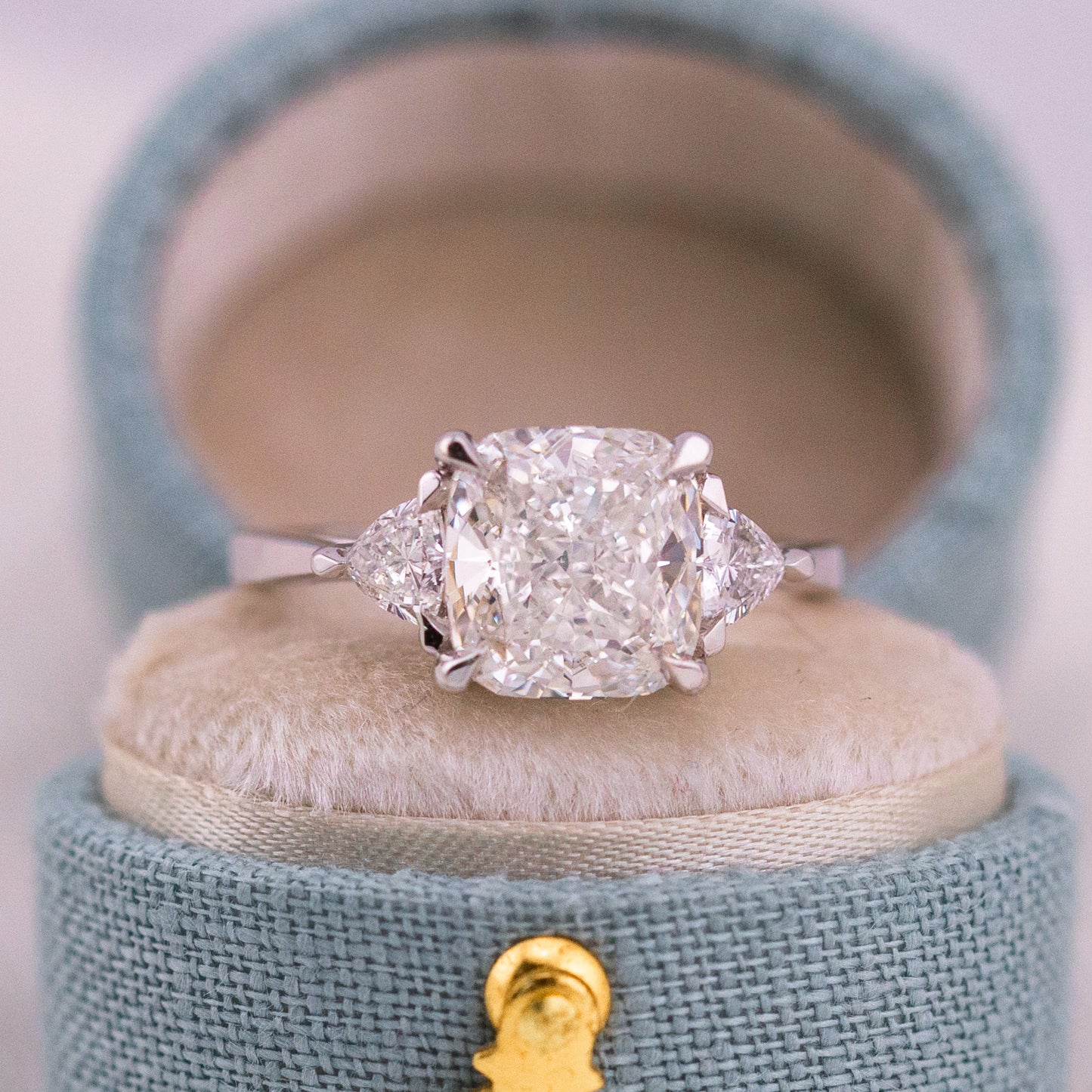 3.32ct Cushion Cut Lab Diamond Three Stone Ring with Trillion Side Stones