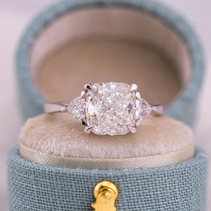 3.32ct Cushion Cut Lab Diamond Three Stone Ring with Trillion Side Stones