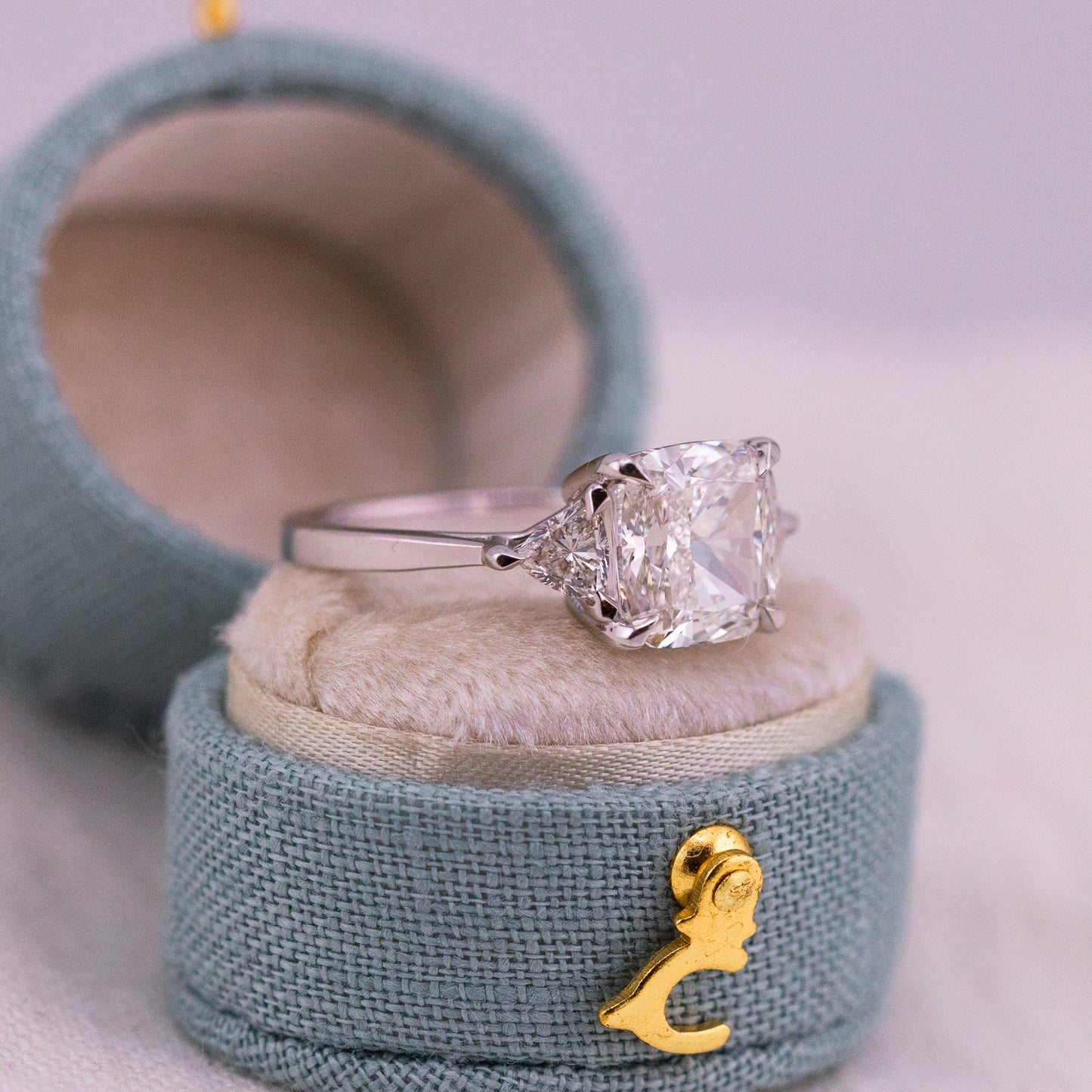 3.32ct Cushion Cut Lab Diamond Three Stone Ring with Trillion Side Stones