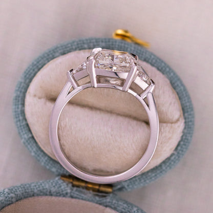 3.32ct Cushion Cut Lab Diamond Three Stone Ring with Trillion Side Stones