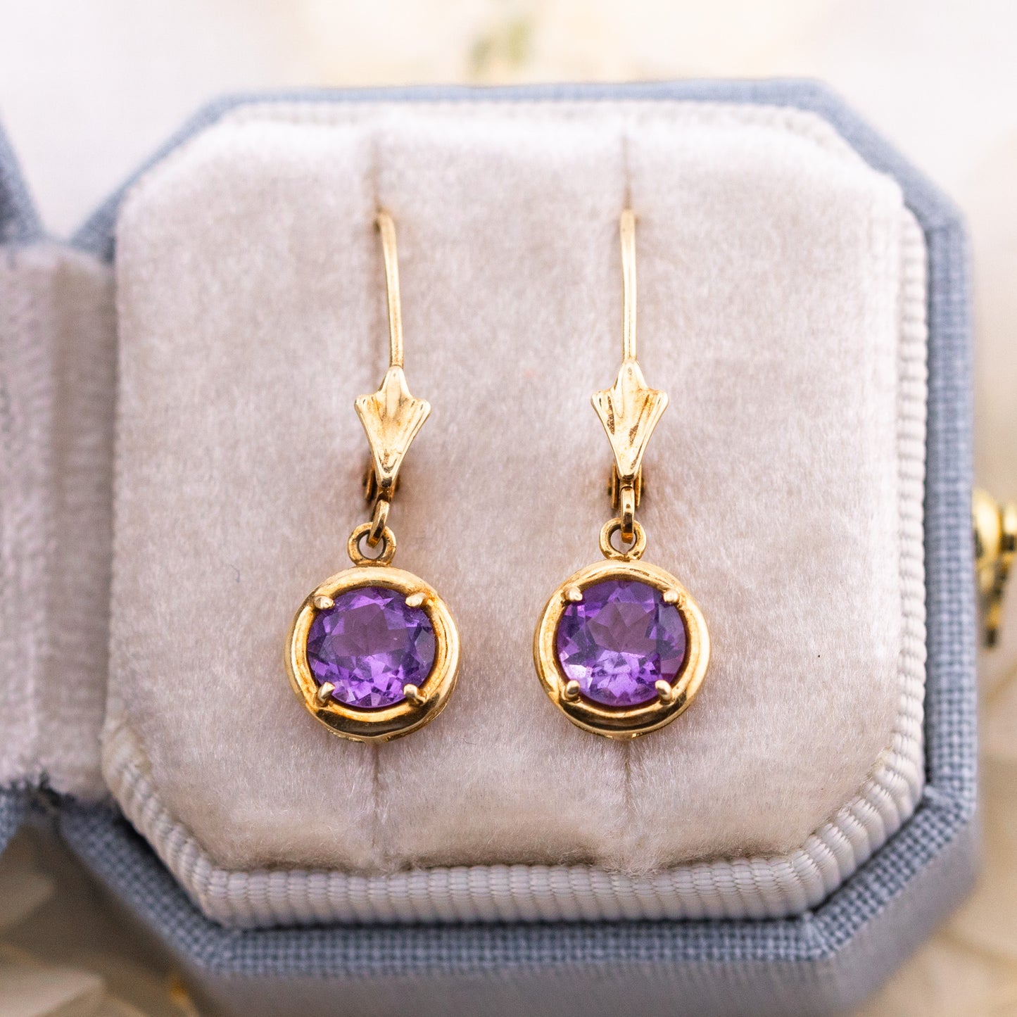 Vintage 14k Gold Amethyst Drop Earrings, Lever Back Drop Earrings
