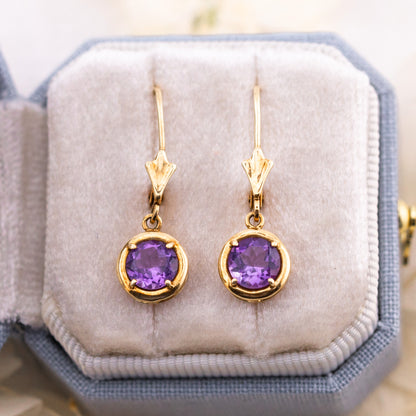 Vintage 14k Gold Amethyst Drop Earrings, Lever Back Drop Earrings