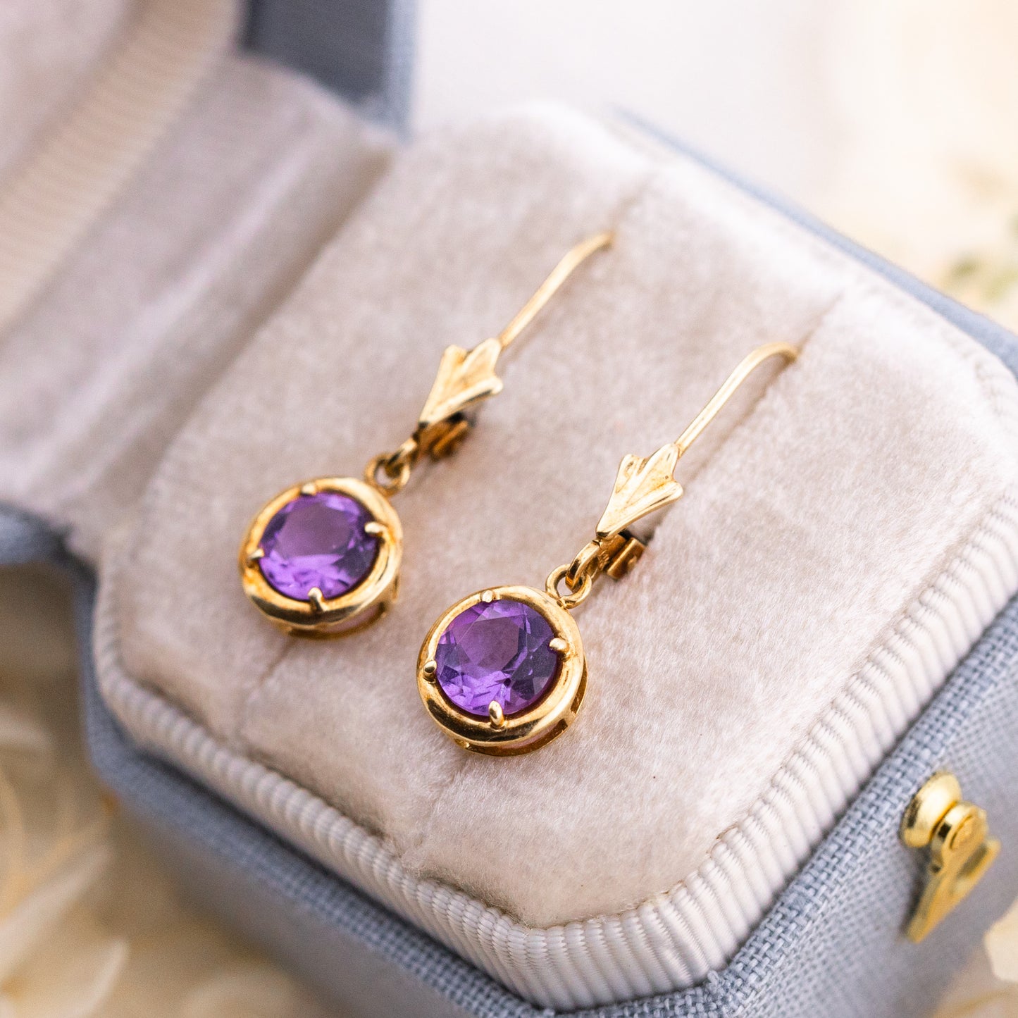Vintage 14k Gold Amethyst Drop Earrings, Lever Back Drop Earrings