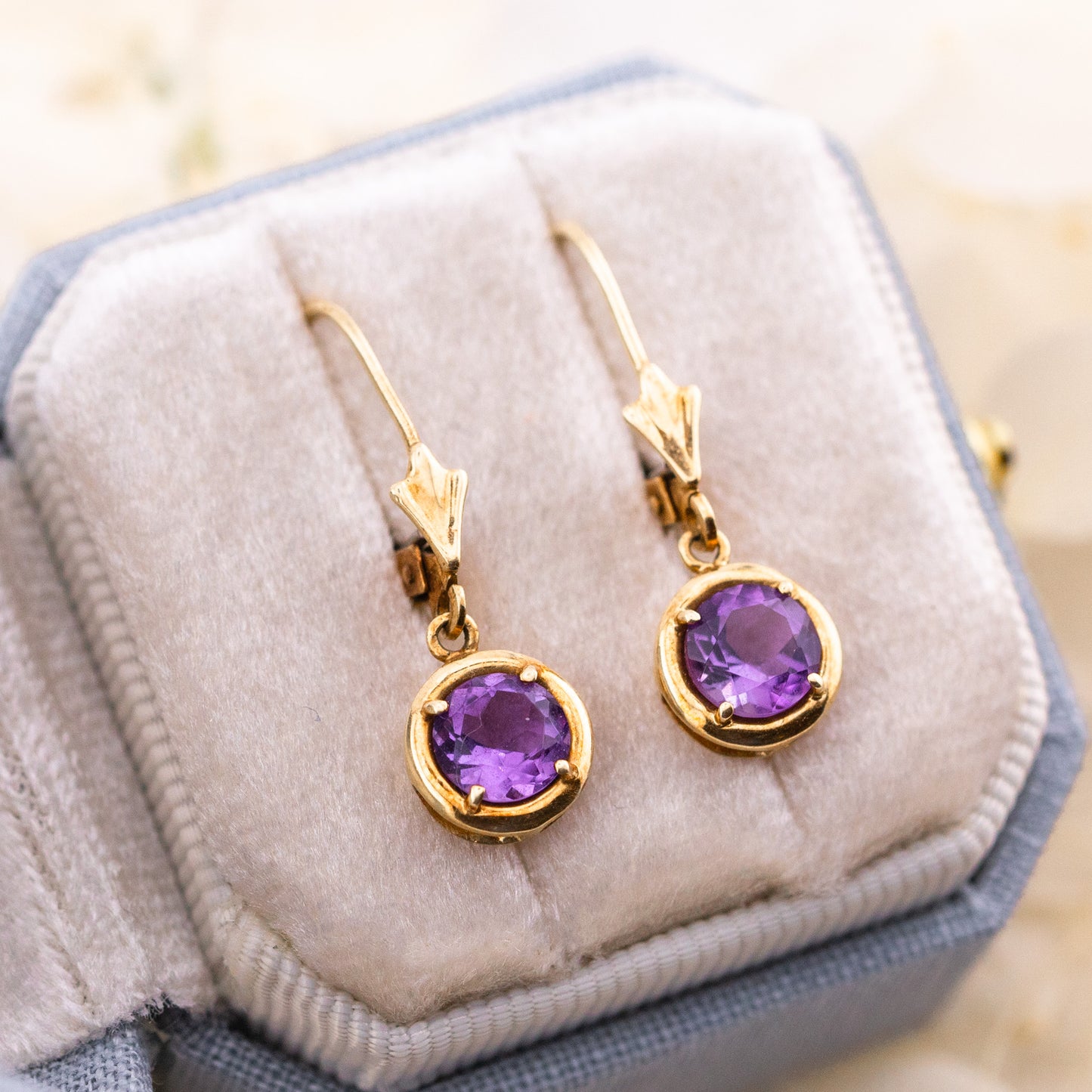 Vintage 14k Gold Amethyst Drop Earrings, Lever Back Drop Earrings