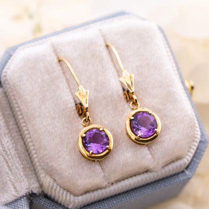 Vintage 14k Gold Amethyst Drop Earrings, Lever Back Drop Earrings