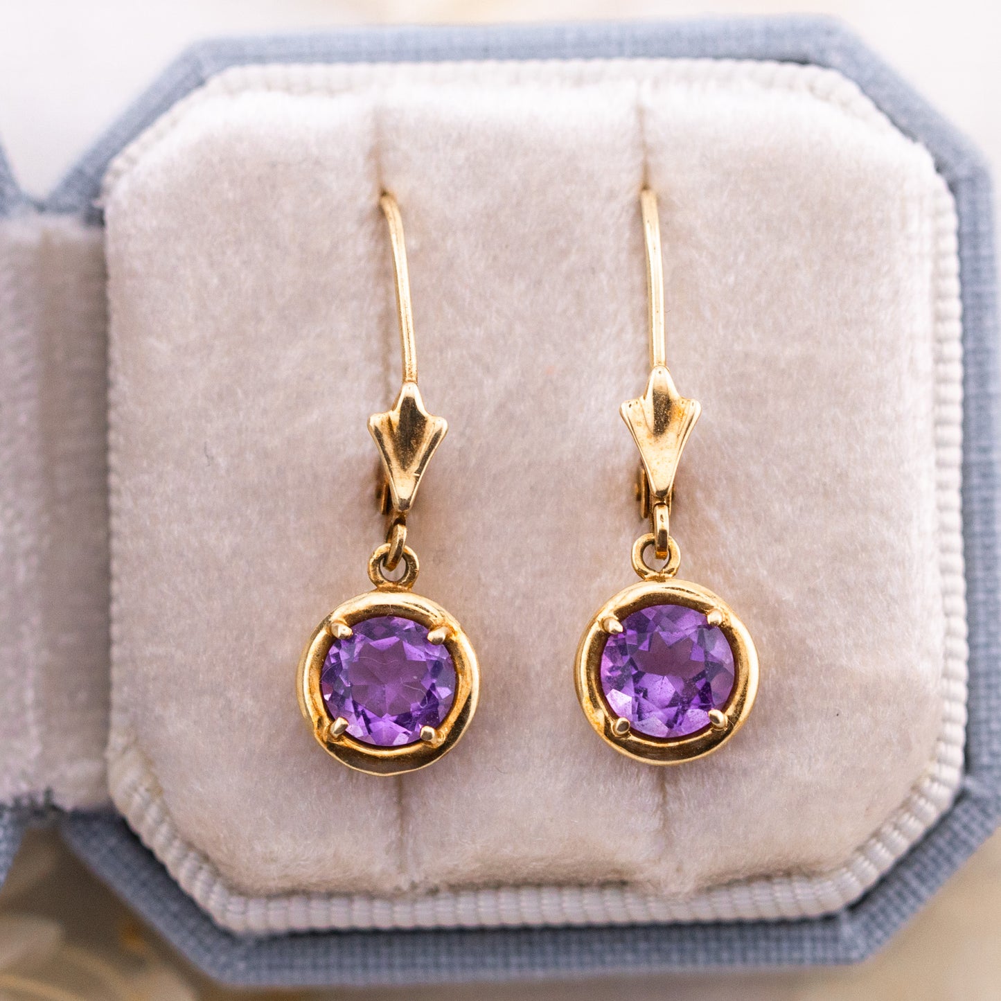 Vintage 14k Gold Amethyst Drop Earrings, Lever Back Drop Earrings
