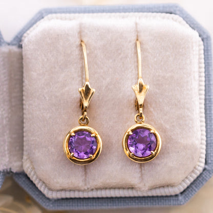Vintage 14k Gold Amethyst Drop Earrings, Lever Back Drop Earrings