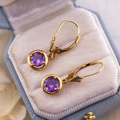Vintage 14k Gold Amethyst Drop Earrings, Lever Back Drop Earrings
