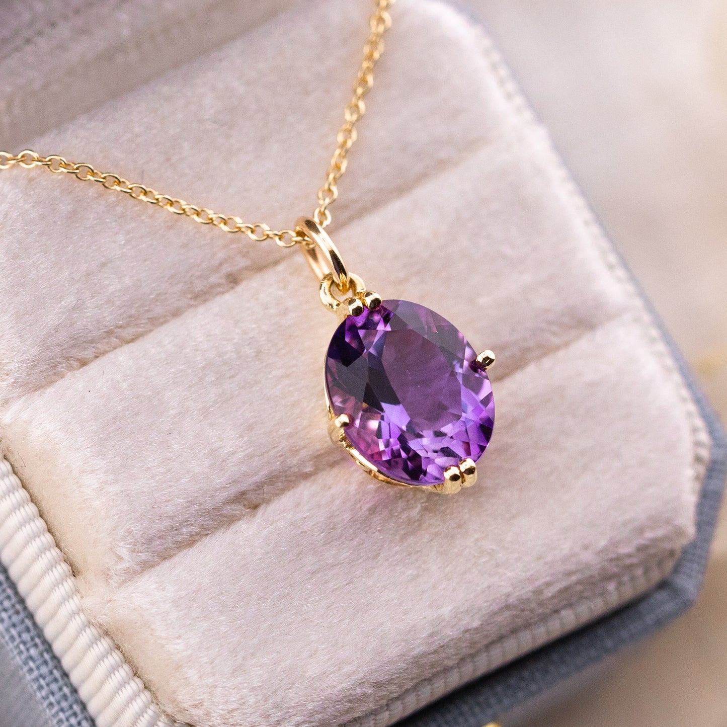 Oval Amethyst Pendant, 14k Yellow Gold, Natural Amethyst