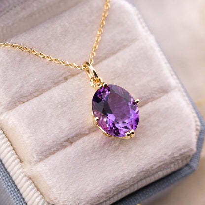 Oval Amethyst Pendant, 14k Yellow Gold, Natural Amethyst