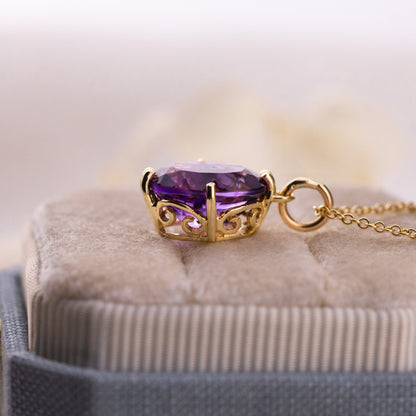 Oval Amethyst Pendant, 14k Yellow Gold, Natural Amethyst