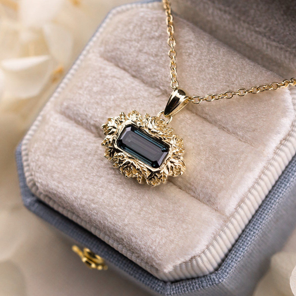 1.13ct fancy deep bluish green emerald cut lab diamond pendant in 14k yellow gold