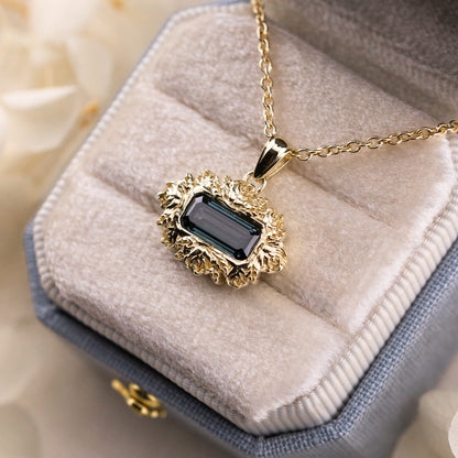 1.13ct fancy deep bluish green emerald cut lab diamond pendant in 14k yellow gold