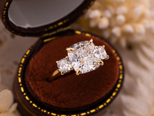 Cushion cut engagement ring three stone engagement ring lab grown diamond ring 3 carat solid gold IGI certified lab grown diamonds