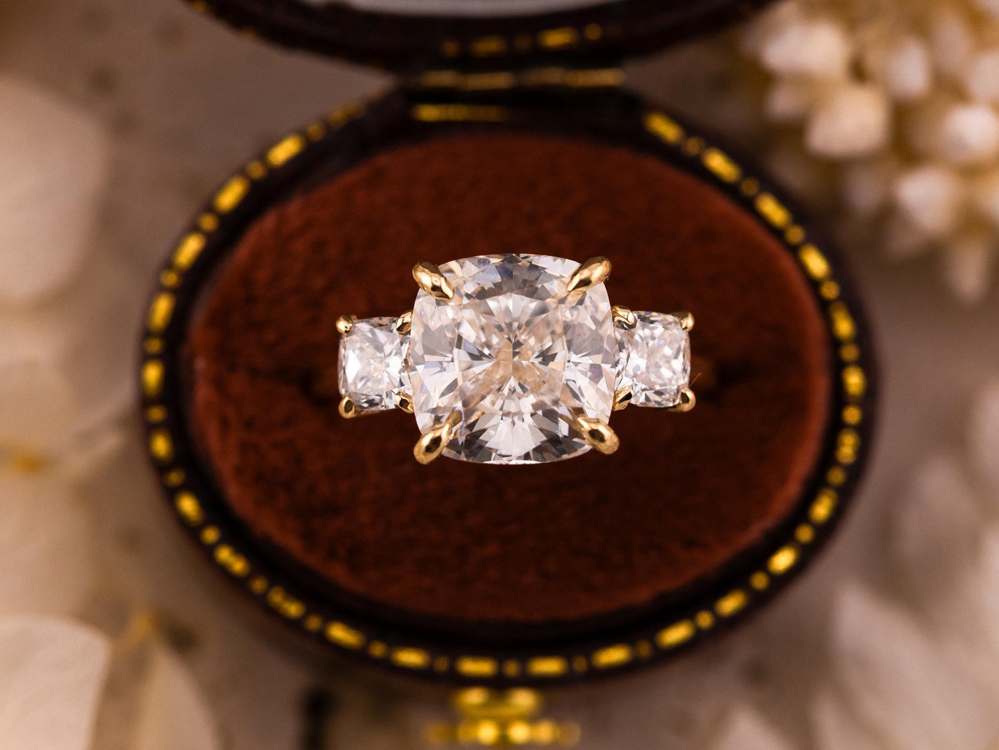 Cushion cut engagement ring three stone engagement ring lab grown diamond ring 3 carat solid gold IGI certified lab grown diamonds