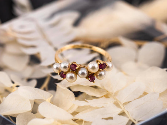 Vintage pearl and ruby ring 14k solid gold ring antique cluster round cut, size 7.25