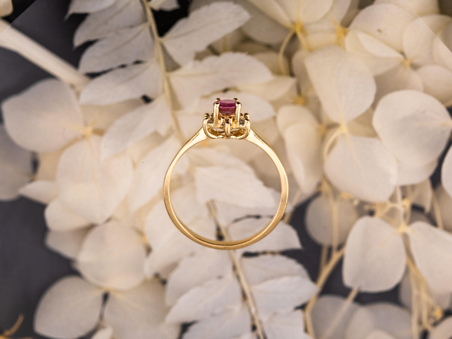 Vintage Ruby and diamond ring 10kt solid gold statement or engagement ring, genuine antique vintage round cut flower ring floral ring