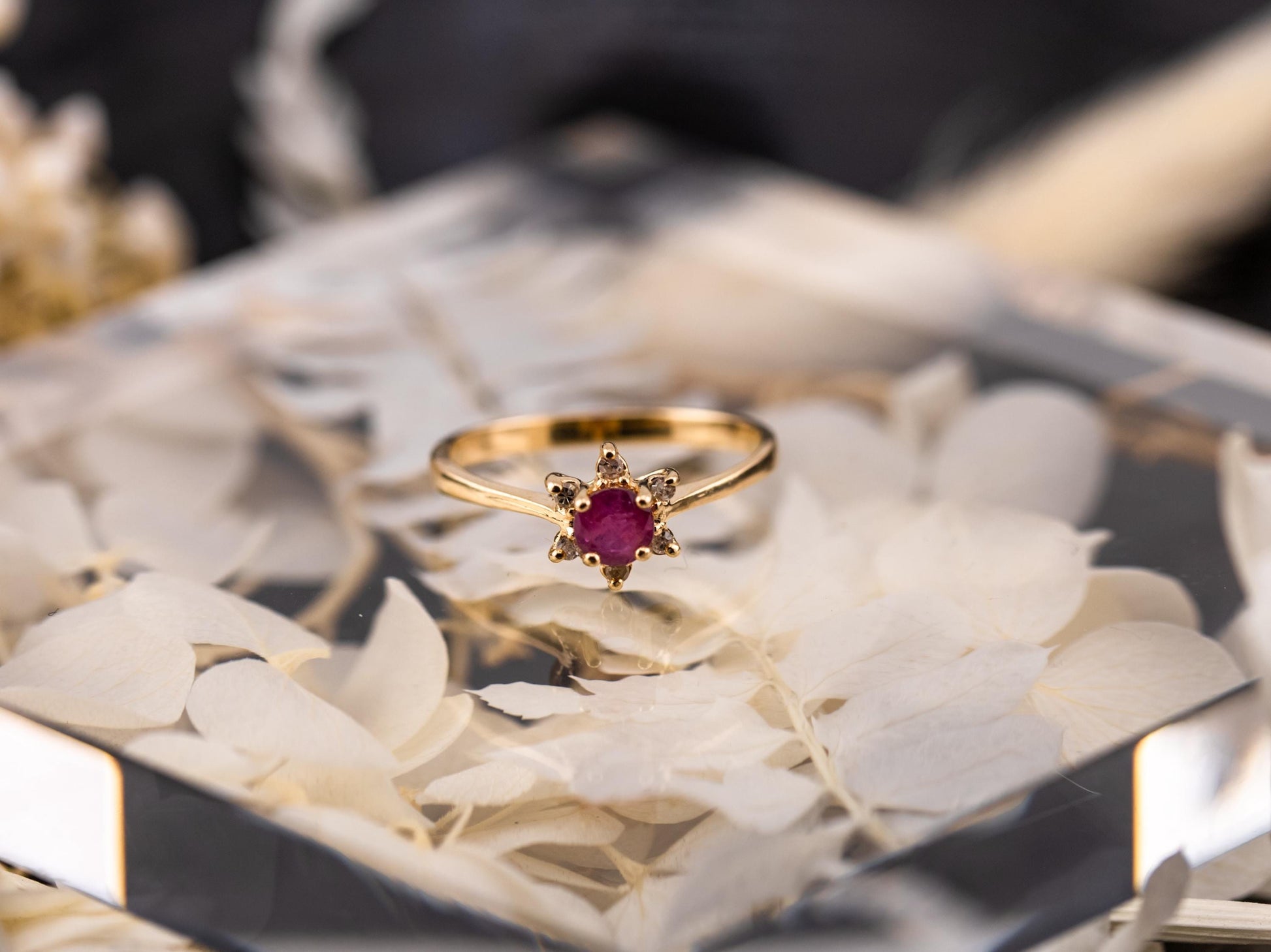 Vintage Ruby and diamond ring 10kt solid gold statement or engagement ring, genuine antique vintage round cut flower ring floral ring