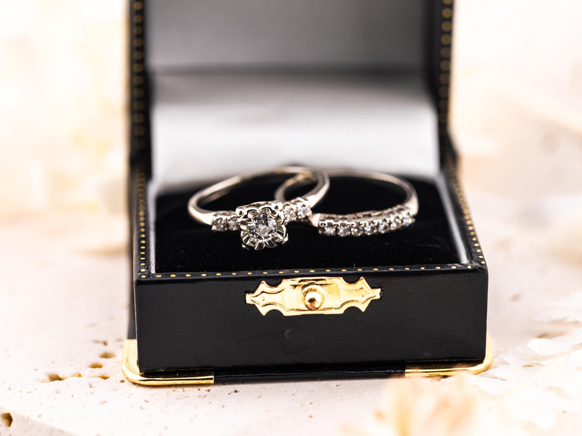 Vintage bridal set engagement ring and wedding band set 14k solid gold old European cut engagement ring round cut antique wedding rings