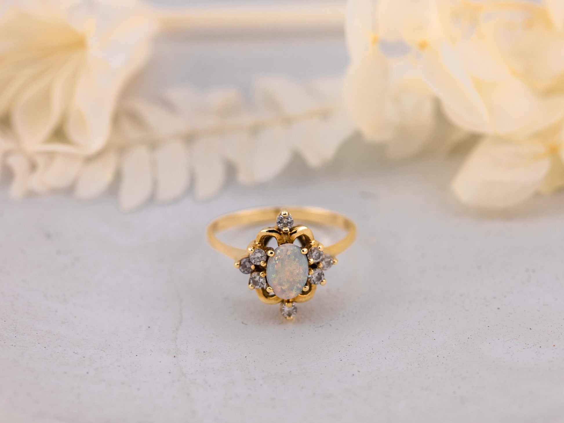 Vintage opal ring opal and diamond ring 14k solid gold statement or engagement ring, genuine antique vintage oval cut ring, size 7