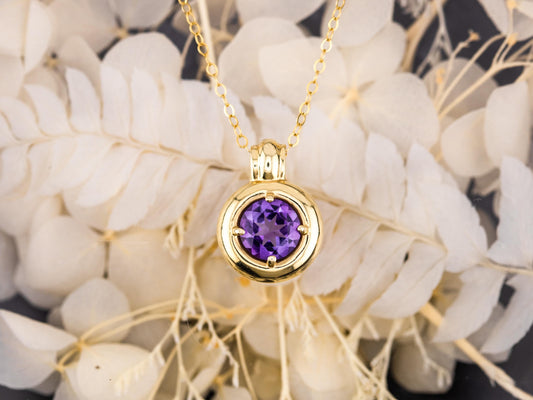 Vintage Amethyst necklace pendant 14k solid gold necklace bezel set chunky statement piece heirloom jewelry