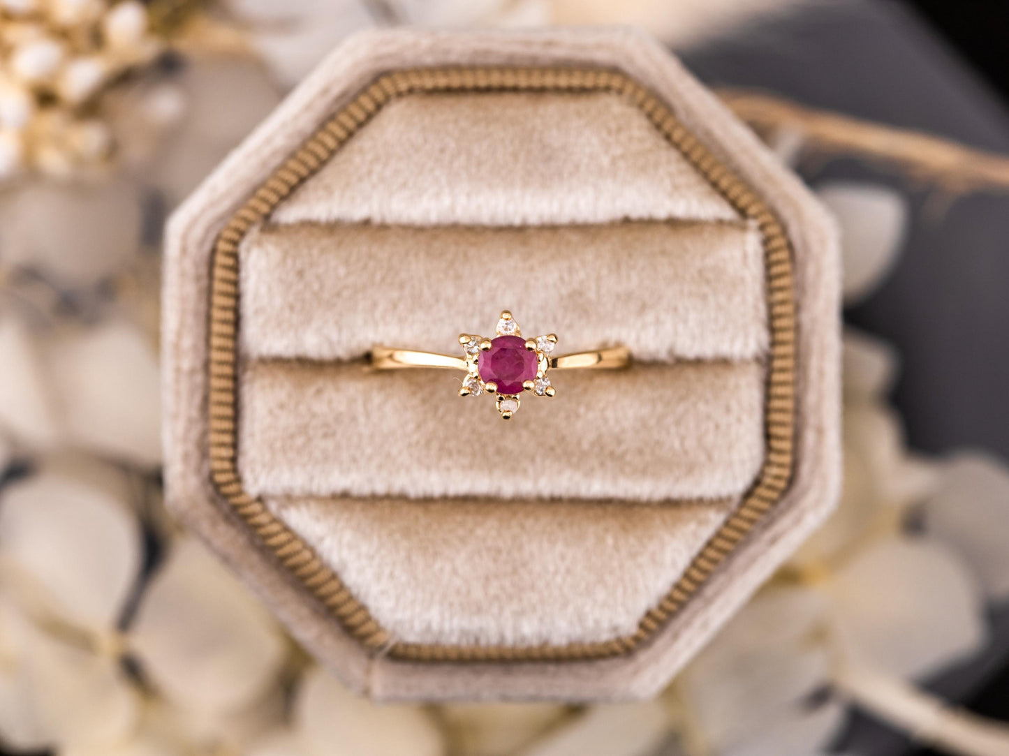 Vintage Ruby and diamond ring 10kt solid gold statement or engagement ring, genuine antique vintage round cut flower ring floral ring