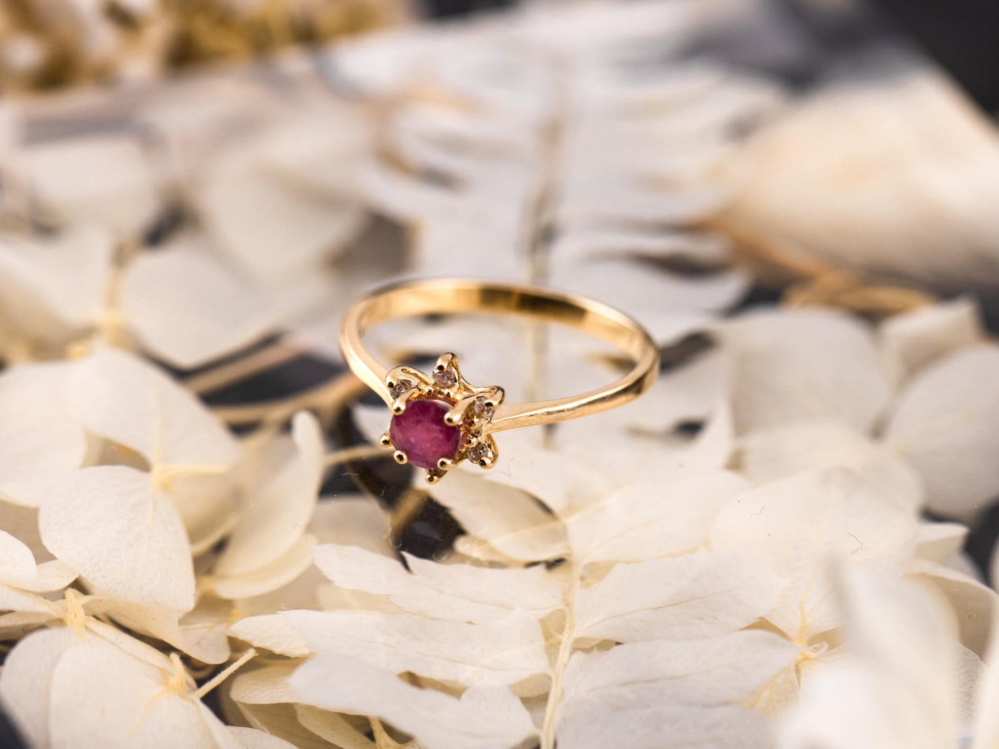 Vintage Ruby and diamond ring 10kt solid gold statement or engagement ring, genuine antique vintage round cut flower ring floral ring
