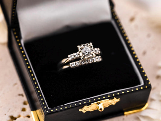 Vintage bridal set engagement ring and wedding band set 14k solid gold old European cut engagement ring round cut antique wedding rings