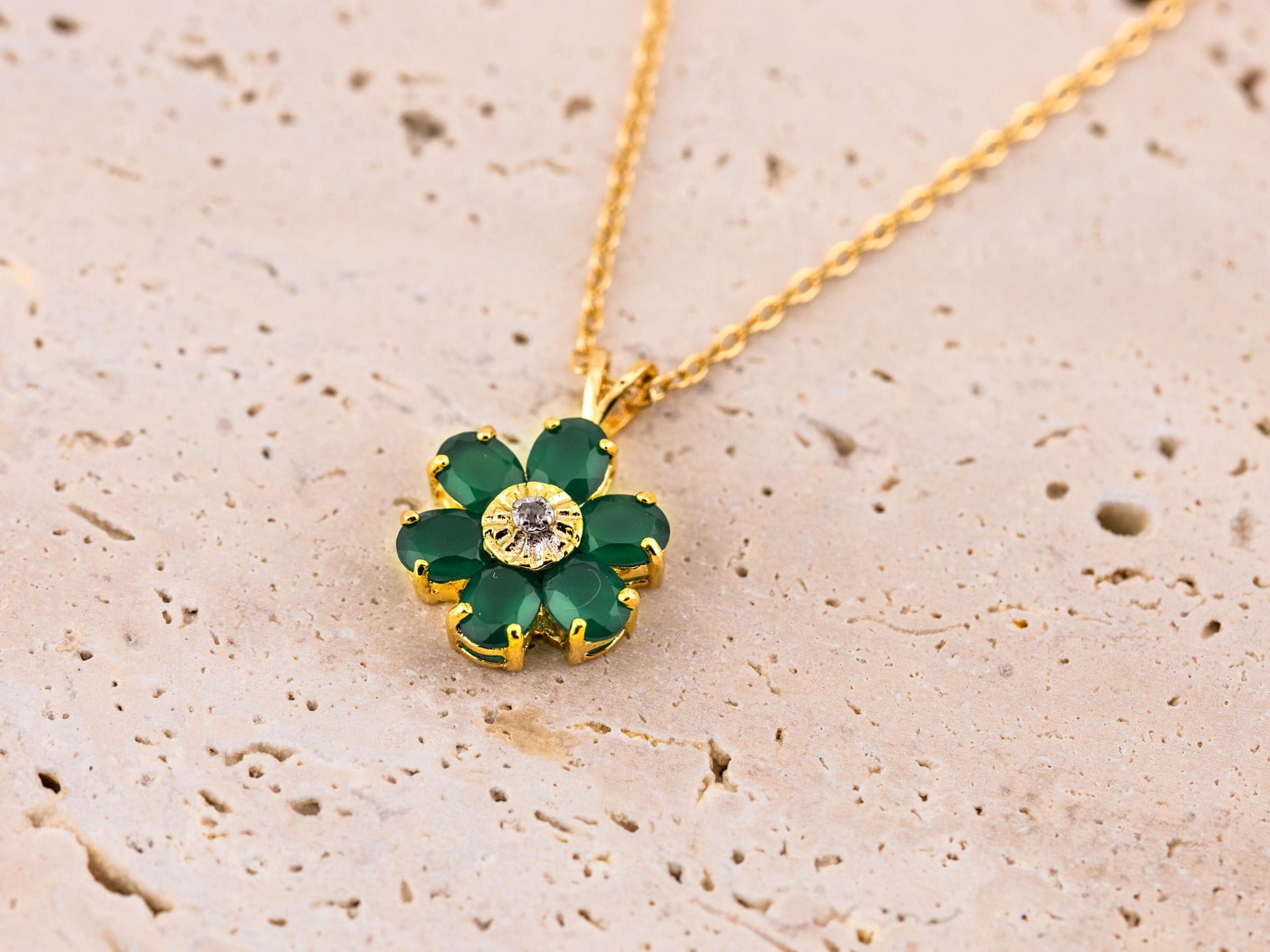 Flower necklace pendant 18k plated gold necklace nature inspired necklace floral necklace green agate and diamond necklace 18 inch chain