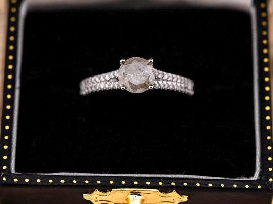 Salt and pepper diamond engagement ring with pave band 14k solid white gold engagement ring round cut 1.59ct natural diamond ring, size 6.5