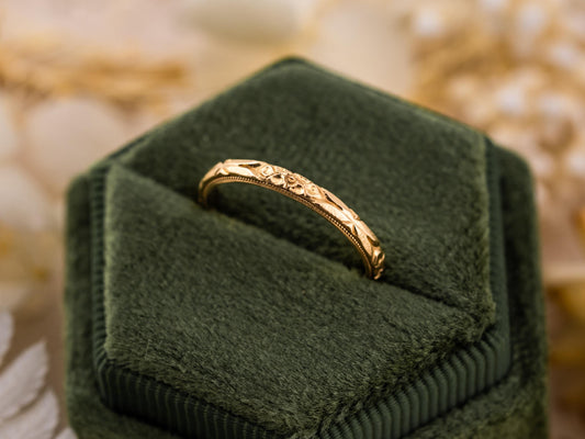 Vintage Art Deco band Orange Blossom Engraved Wedding Band 14k Yellow Gold handmade ring
