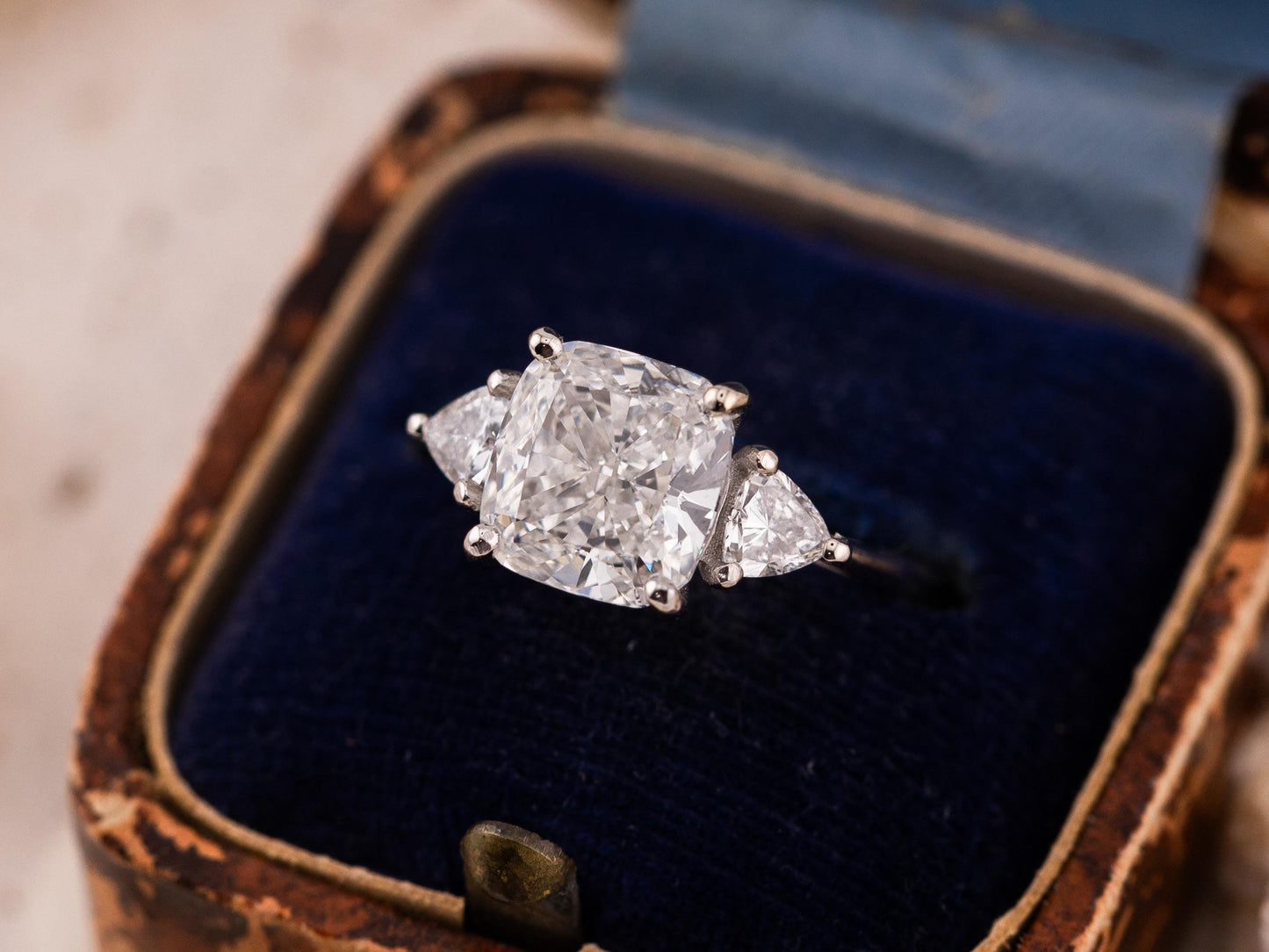 Cushion cut engagement ring three stone engagement ring lab grown diamond ring 3 carat solid gold IGI certified lab grown diamonds