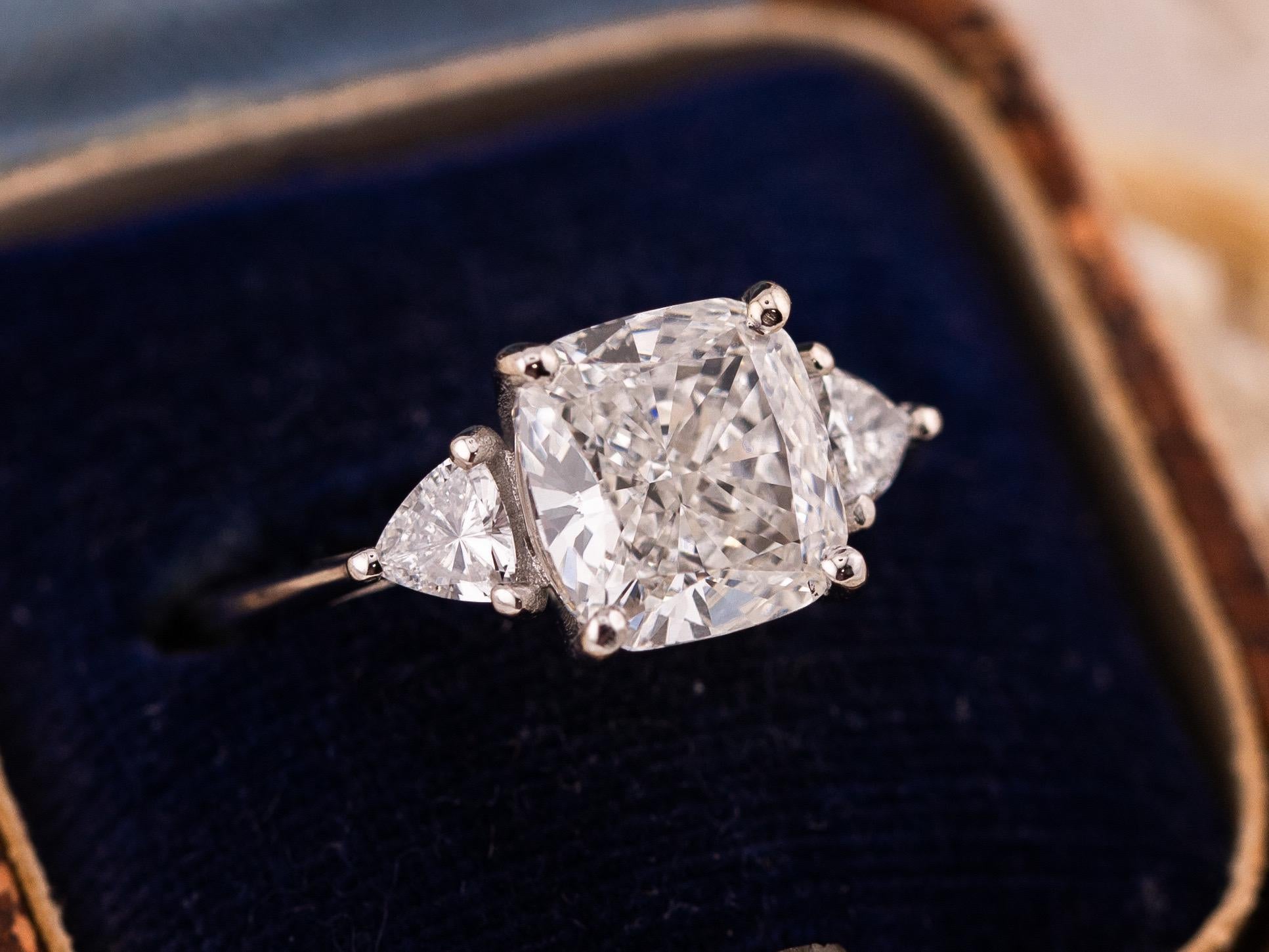 Cushion cut engagement ring three stone engagement ring lab grown diamond ring 3 carat solid gold IGI certified lab grown diamonds