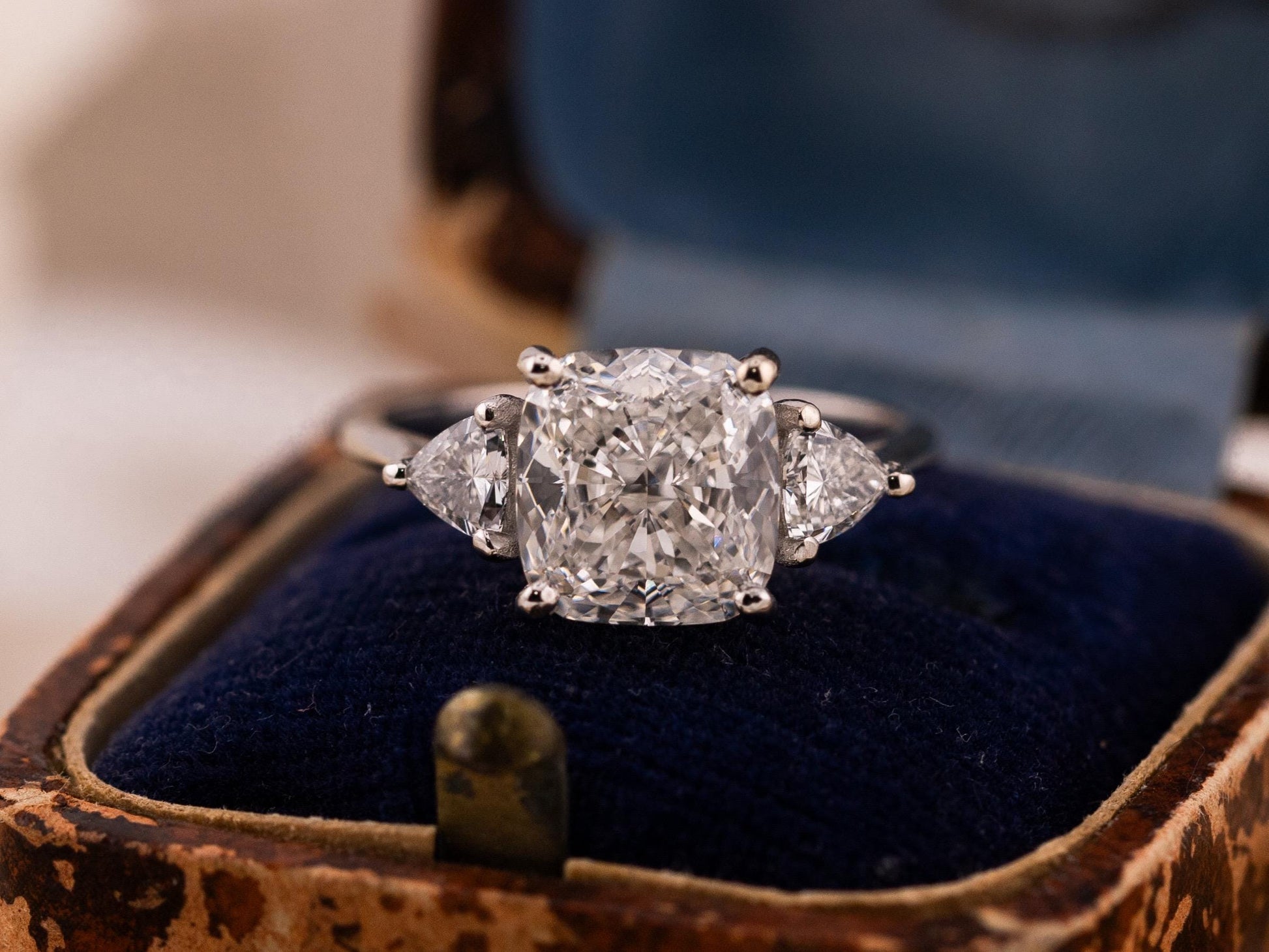 Cushion cut engagement ring three stone engagement ring lab grown diamond ring 3 carat solid gold IGI certified lab grown diamonds